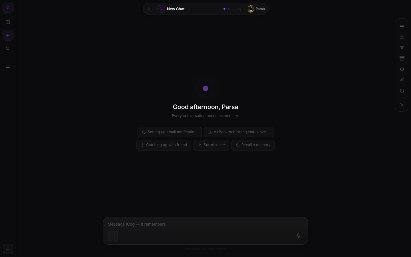 The iCog home surface, a personal AI built on the CognitiveX LCM, greeting a returning user, with 'Every conversation becomes memory.'